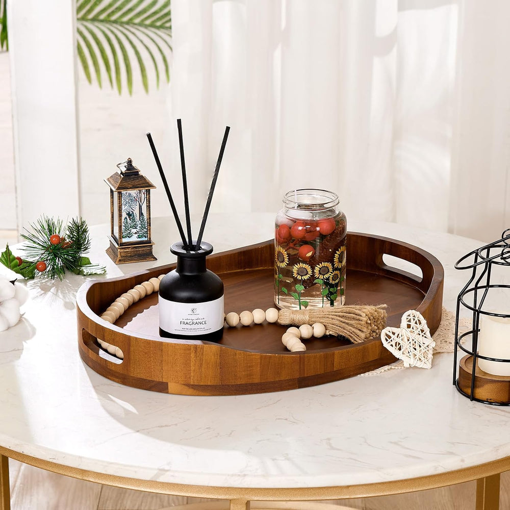 HouseJoy Wood Serving Tray with Handle,Ottoman Tray with High Edge