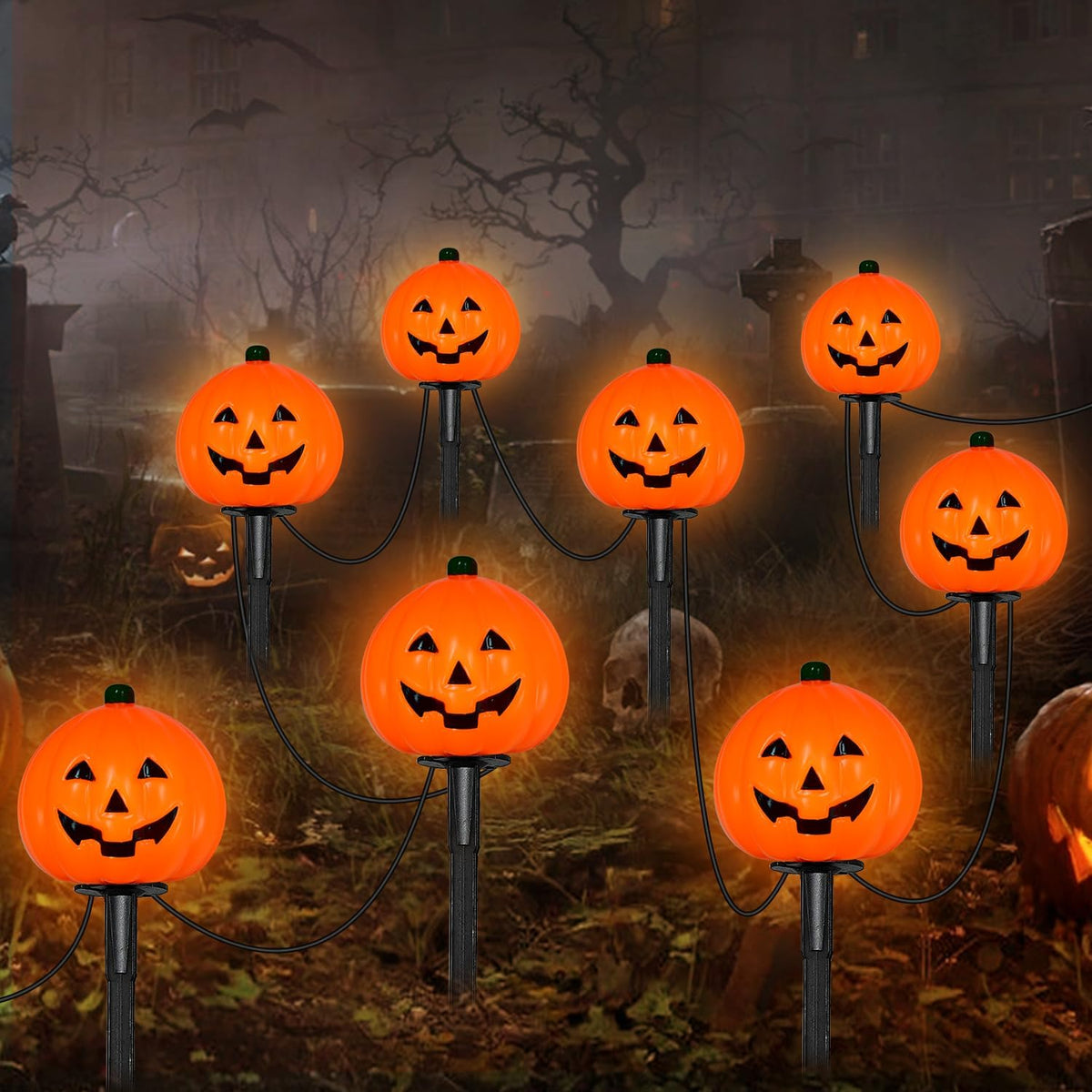 2 Sets 7Ft Halloween Pathway Lights Outdoor Pumpkin Stake Light with 4 Jack-O Lantern Pumpkin Lights and 4 Stakes for Halloween Decorations Outdoor Walkway Pathway Driveway Garden Yard Lawn Light