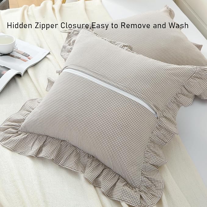 Brown/White Ruffle Plaid Throw Pillow Covers Farmhouse Checkered Gingham - Image 3