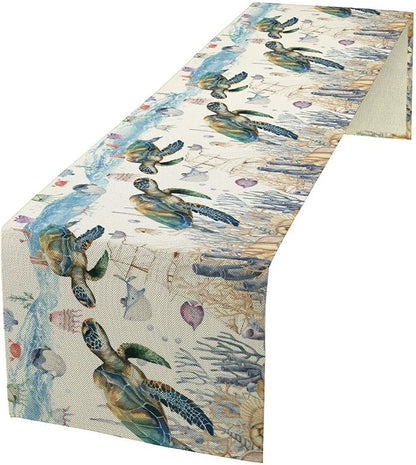 Watercolor Sea Turtle Table Runner Teal Blue Ocean Funmy Animal Octopus by Unknown