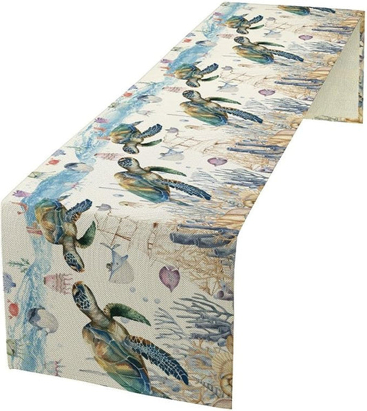 Watercolor Sea Turtle Table Runner Teal Blue Ocean Funmy Animal Octopus by Unknown