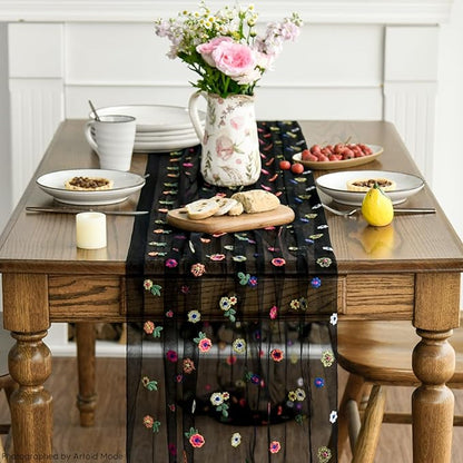 Artoid Mode Black Embroidery Daisy Gauze Table Runner 120 Inch 10FT, Seasonal - Image 3