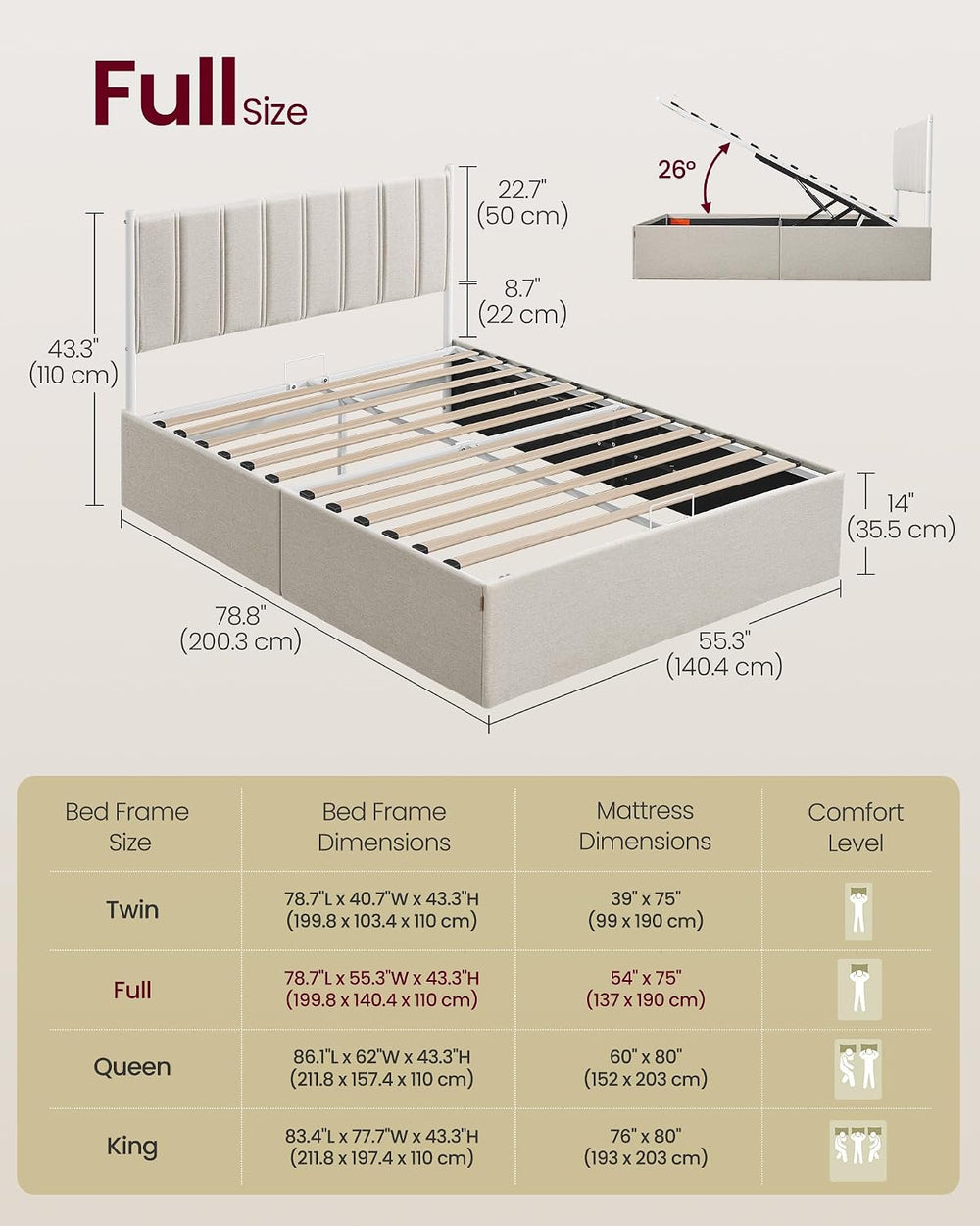 VASAGLE Lift Up Storage Bed Frame, Full Size, Upholstered Headboard