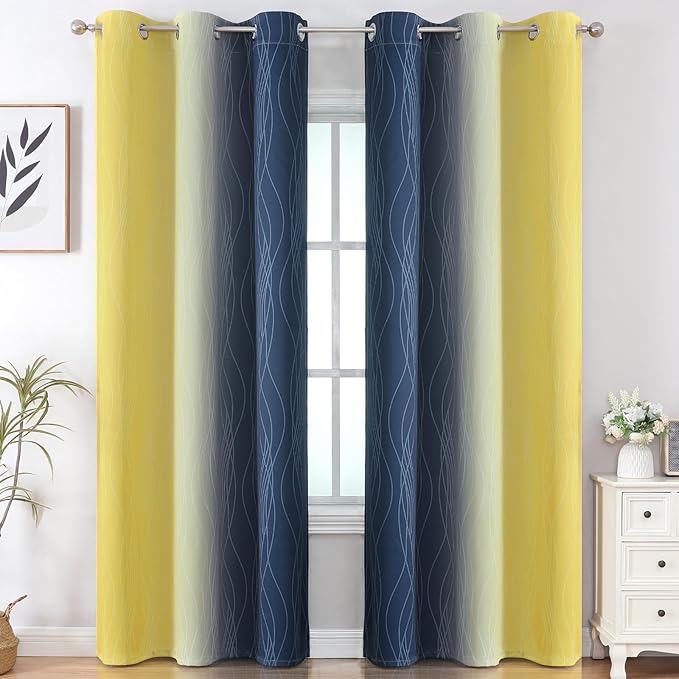 Estelar Textiler Yellow and Navy Blue Ombre Blackout Curtains - Image 2