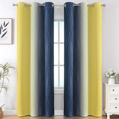 Estelar Textiler Yellow and Navy Blue Ombre Blackout Curtains - Image 2