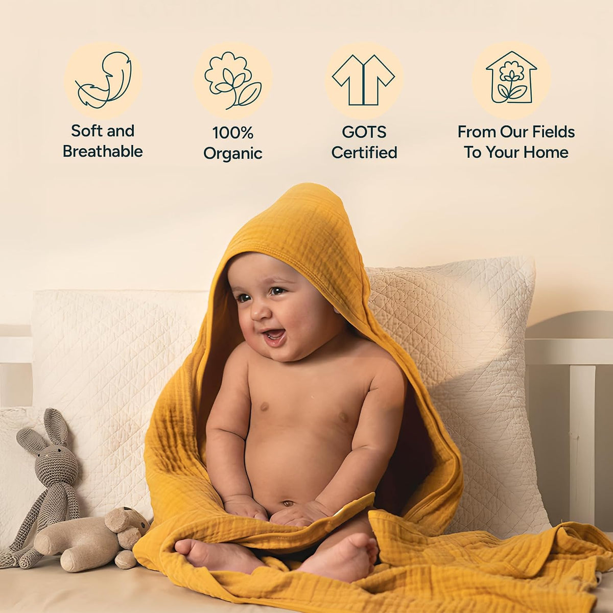 hands-free hooded towel – 100% organic muslin cotton, front angle view