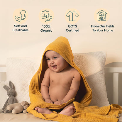 hands-free hooded towel – 100% organic muslin cotton, front angle view