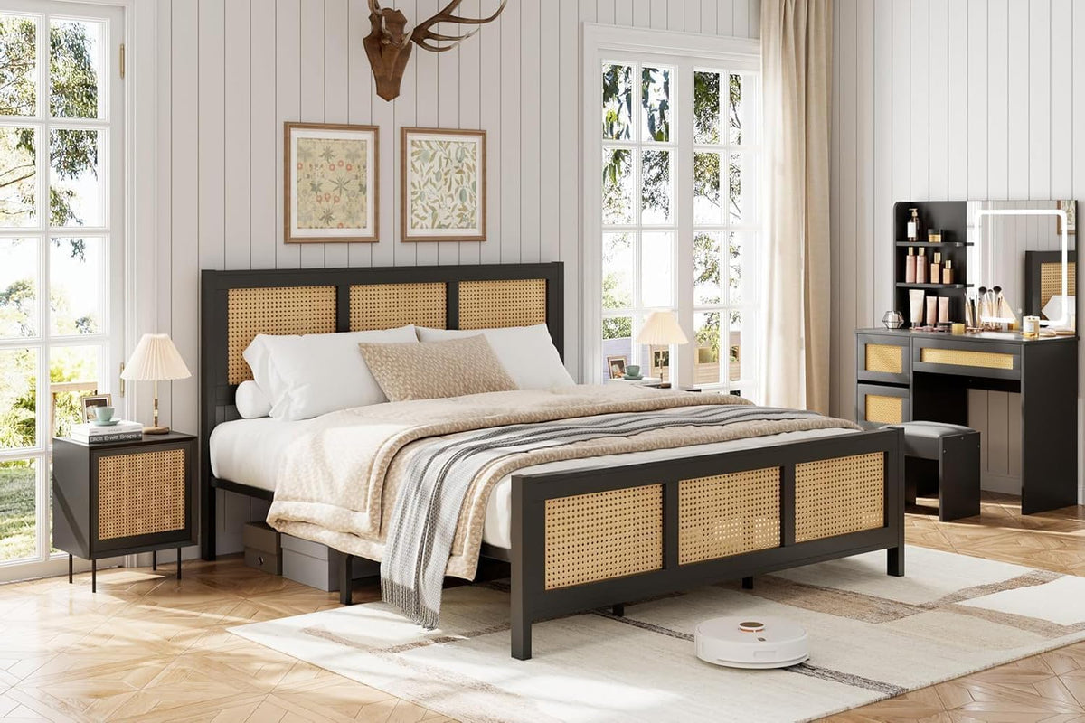 garveehome rattan full size bed frame with headboard, side view