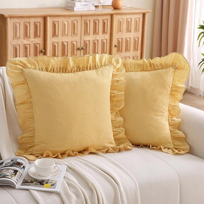Vintage Yellow Plaid Ruffle Throw Pillow Covers, Washed Cotton Gingham - Image 8
