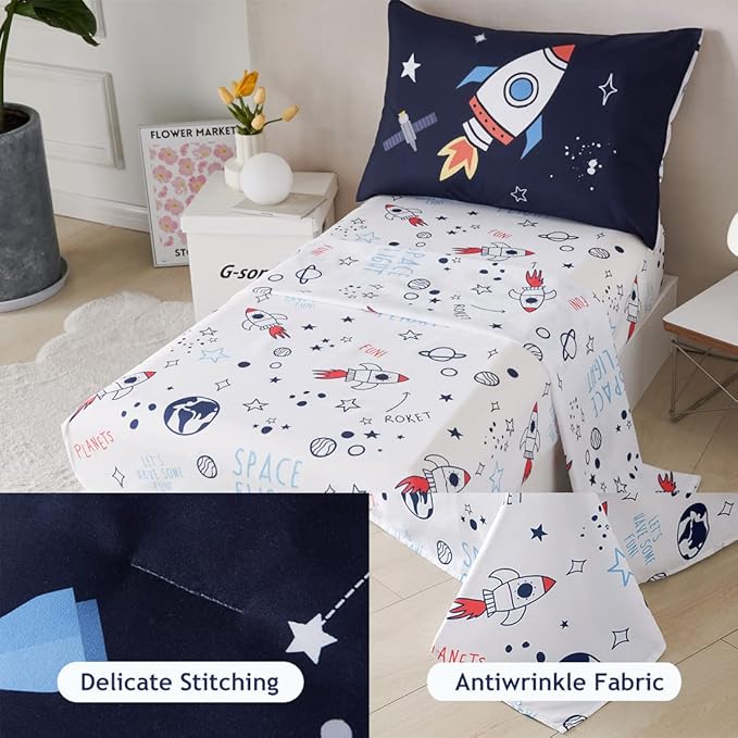 PERFEMET 4 Pcs Toddler Bedding Dark Blue Outer Space Printed Toddler Bed Set - Image 4