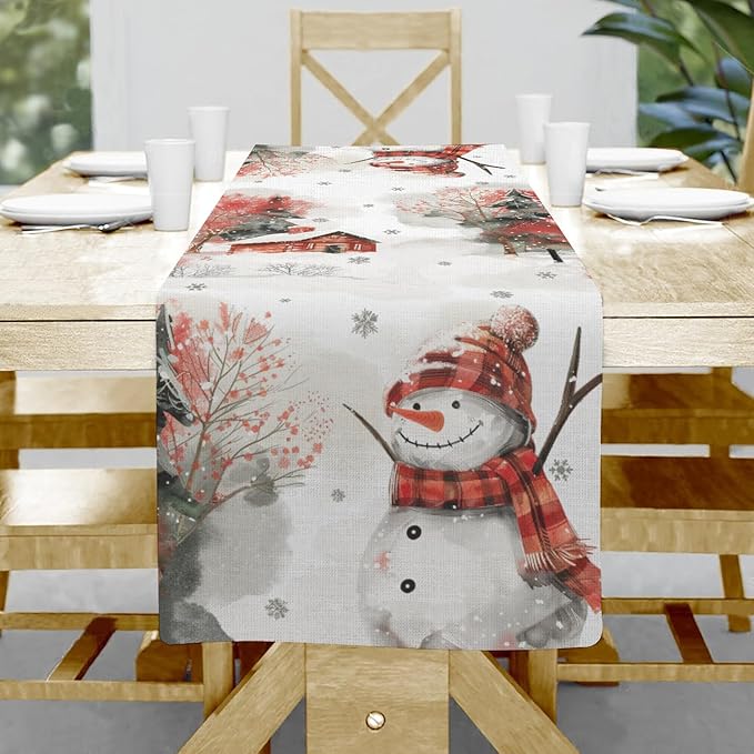 Snow Table Runner, Snowman Dining Table Runner, Christmas Coffee Table Decor by Hliyty
