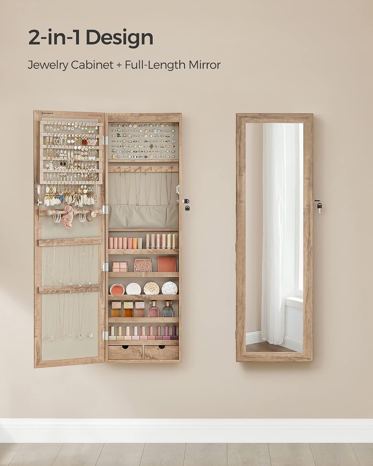 songmics 6 leds mirror jewelry cabinet, 47.2-inch tall, side view