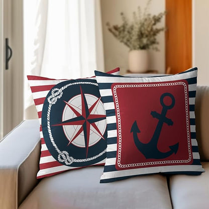 Anchor Compass Throw Pillow Cases Outdoor Nautical Pillow Covers Blue and White - Image 6