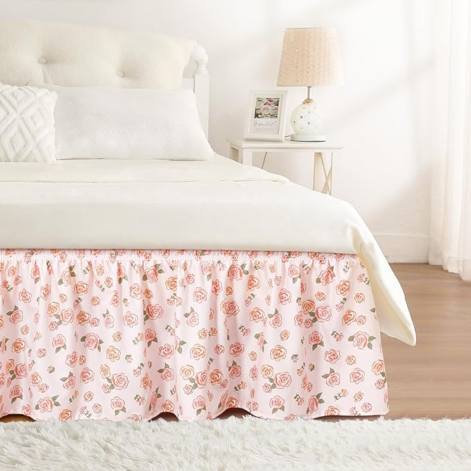RIMELA Pastel Rose Bed Skirt Queen Size 15 Inch Drop, Elastic Bed Skirting by RIMELABedSkirt