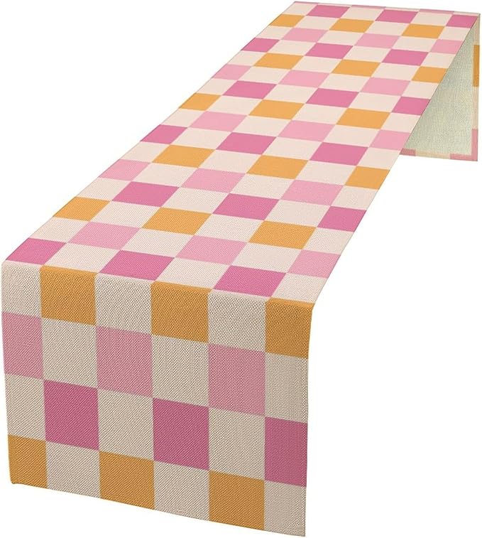 Pink Checkered Table Runner, Vintage 70s Abstract Cute Modern Hippie Table by Unknown
