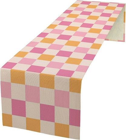 Pink Checkered Table Runner, Vintage 70s Abstract Cute Modern Hippie Table by Unknown