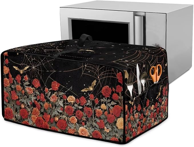 Red Rose Bat Cobweb Print Microwave Oven Dust Cover Polyester-Linen Fabric Dust by HwzdsyxlCreativeHomeDecor