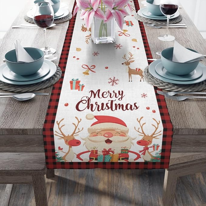 Christmas Table Runner, Merry Christmas Santa Claus Linen Table Runner - Image 5