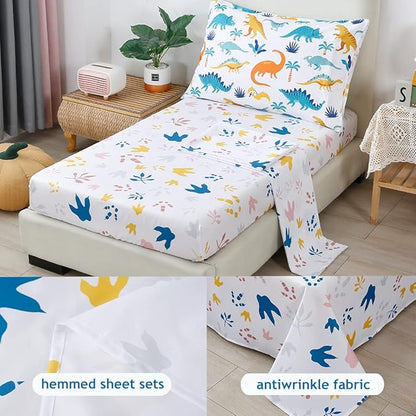 PERFEMET 4 Pieces Toddler Bedding Set Cartoon Dinosaur Print Comforter Sheet Set - Image 4