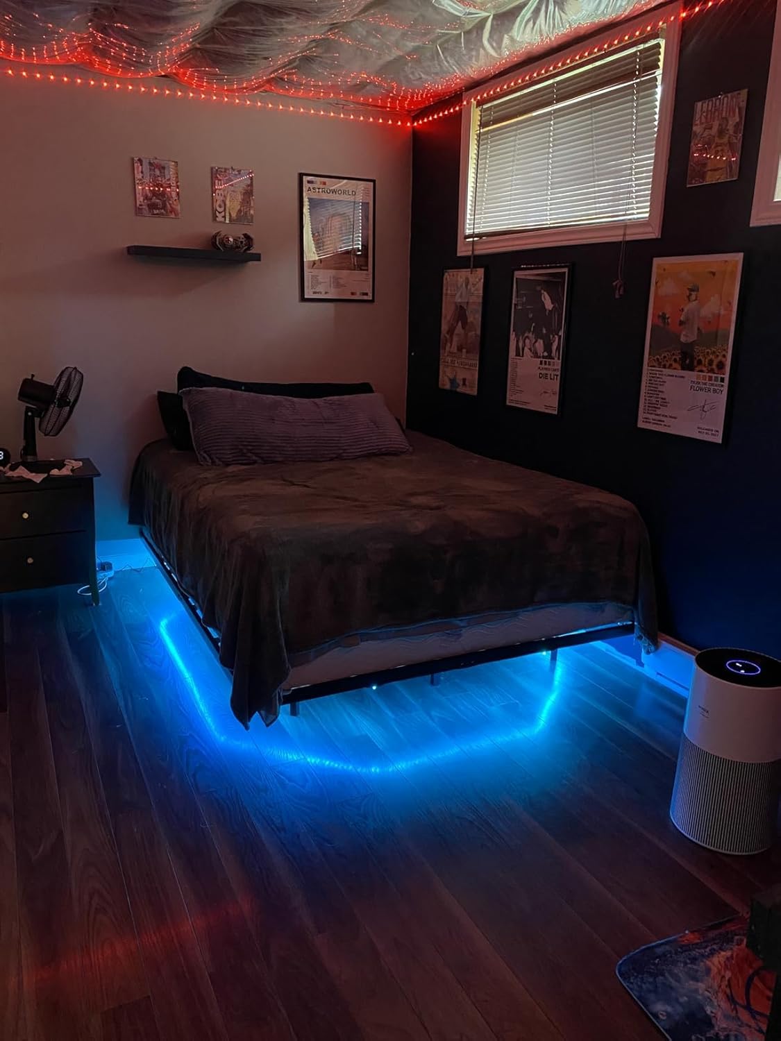floating bed frame with smart led lights metal, close-up detail