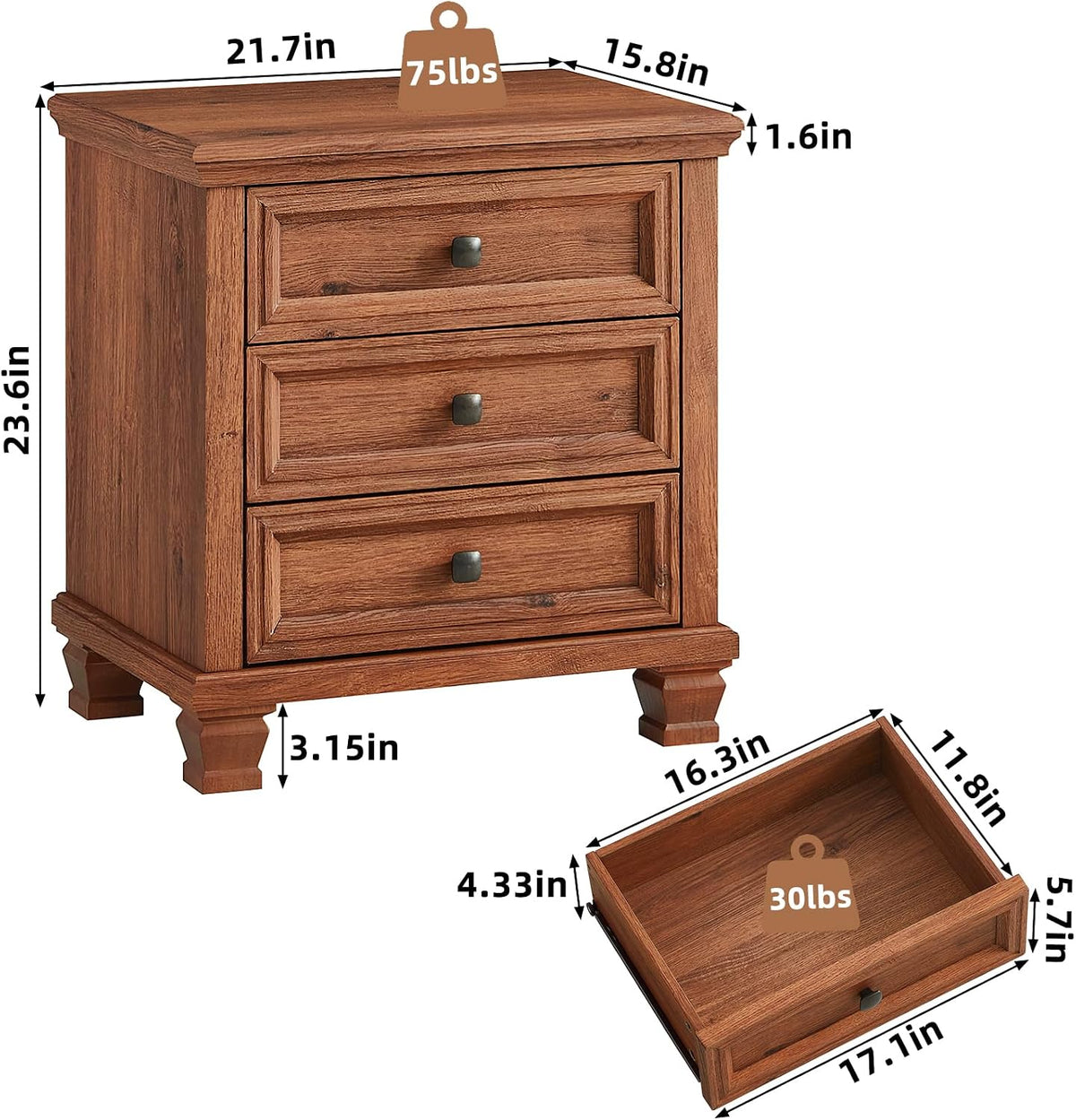 savor life 3-drawer farmhouse nightstand with solid wood shown in use