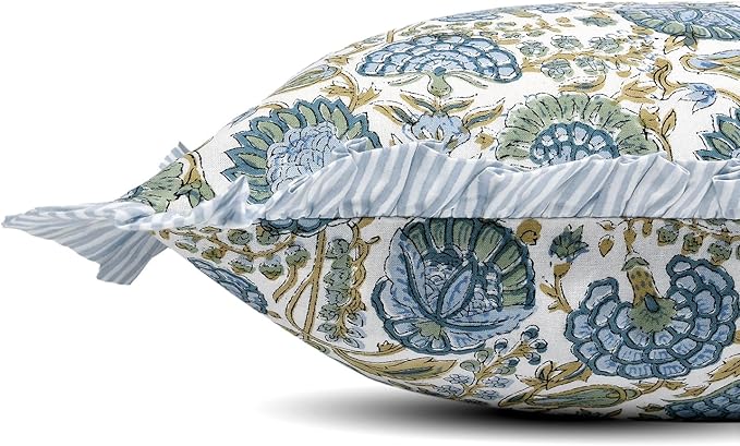 Ridhi Asparagus Green 100% Cotton Block Print Ruffle Lumbar Sham Cover Handmade - Image 2