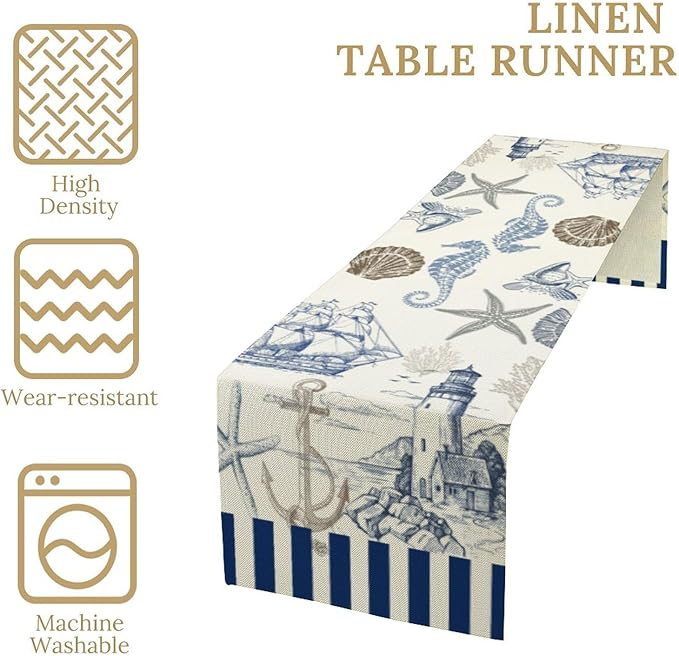 Vintage Nautical Sailboat Table Runner Summer Scallops Starfish Ligthouse - Image 4