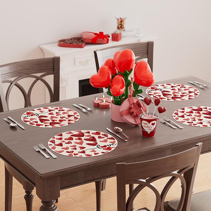 XCHI Watercolor Red Love Hearts Valentine’s Day Round Placemats Set of 4 Table - Image 4