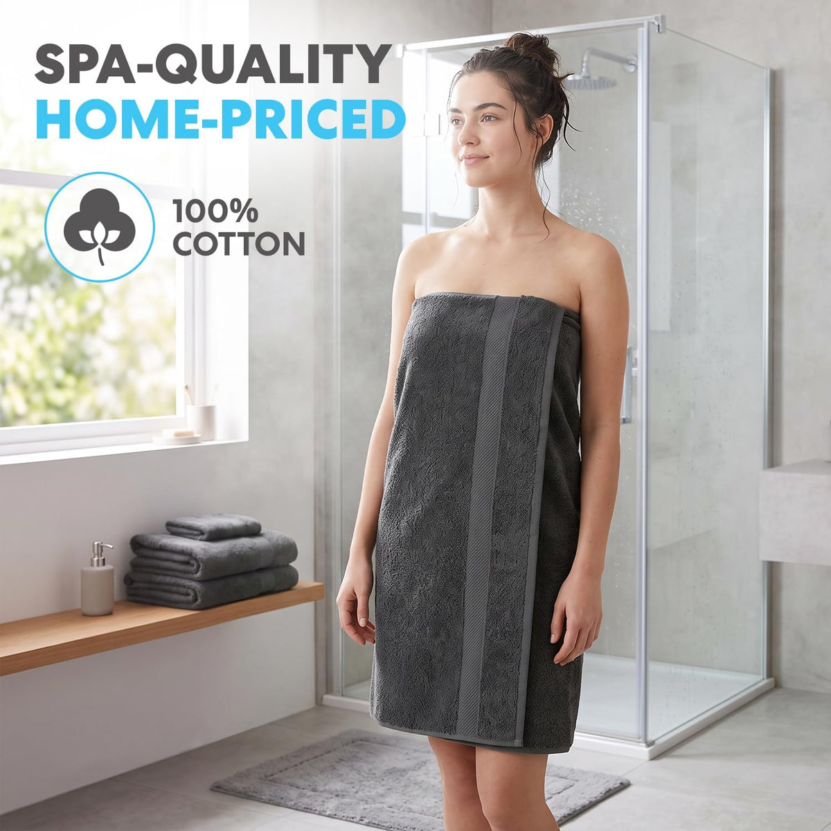 simpli-magic cotton bath towels, 25”x50”, gray, 6 pack shown in use