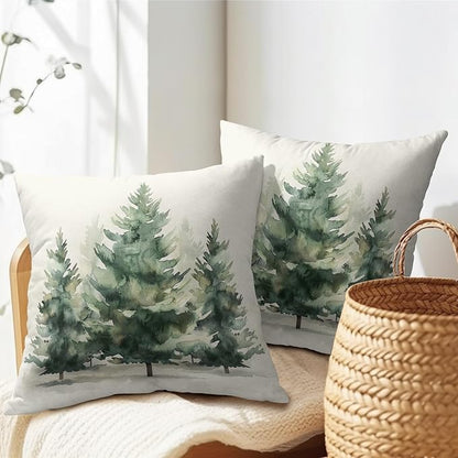 Watercolor Green Tree Throw Pillow Covers 22x22 Inch Set of 2 Green Christmas - Image 5