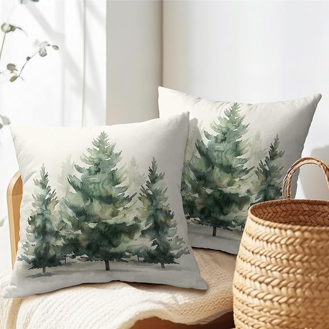 Watercolor Green Tree Throw Pillow Covers 16X16 Inch Set of 2 Green Christmas - Image 5