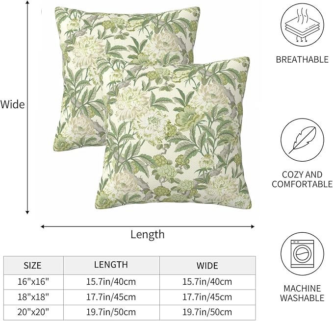French Country Green Floral Throw Pillow Covers 18x18 Inch Set of 2 Spring - Image 6