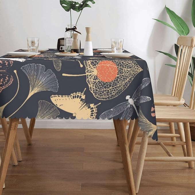 Ginkgo Leaves Tablecloth Vintage Floral Biloba Dragonfly Butterflies Silhouette - Image 4