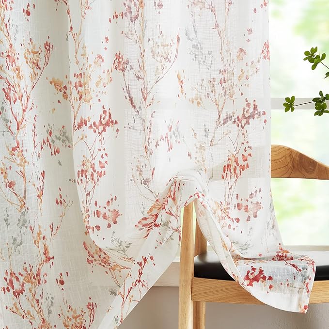 Branch Sheer White Curtains 96inch Long Red Tree Branch Semi Sheer Curtains - Image 7