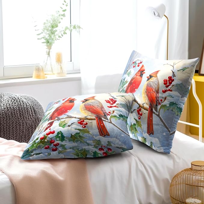 Winter Red Bird Throw Pillow Cover Set of 2 22x22 Inch Winter Christmas - Image 6