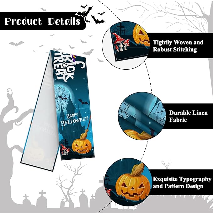 Happy Halloween Table Runner Blue Haunted House Ghost Witch Spider Web Bats - Image 7