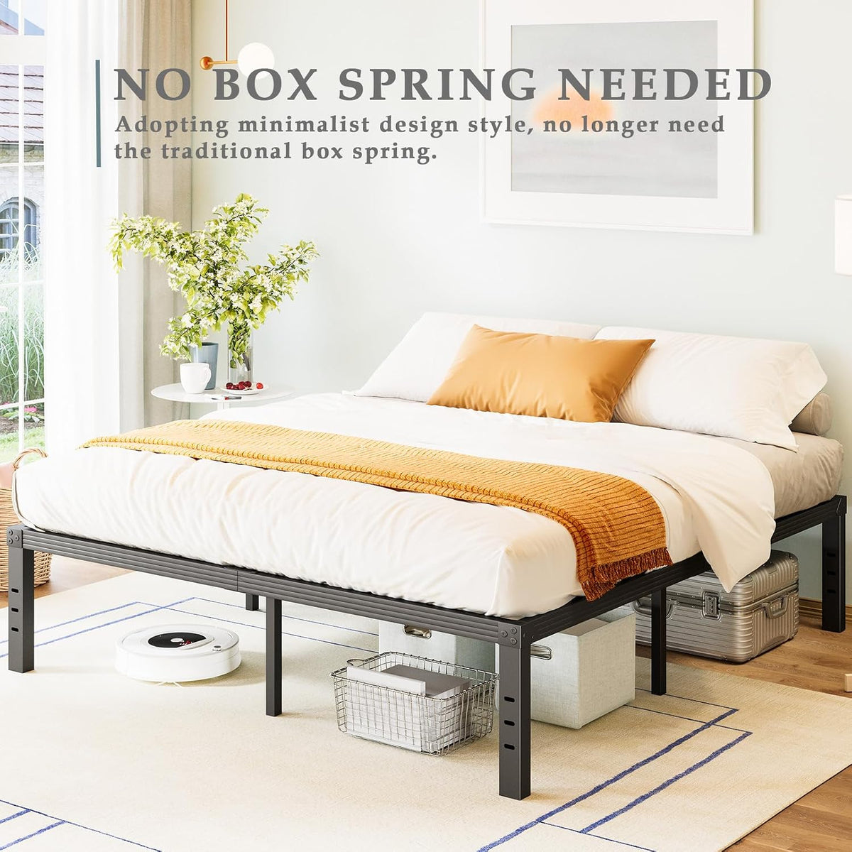 fschos 18 inch metal-bed-frame twin-xl/no box spring needed/reinforced, side view