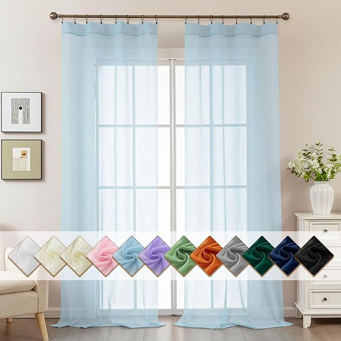 Blue Sheer Curtains 96 Inches Long, Privacy Semi Sheer Curtains by ABLUEN