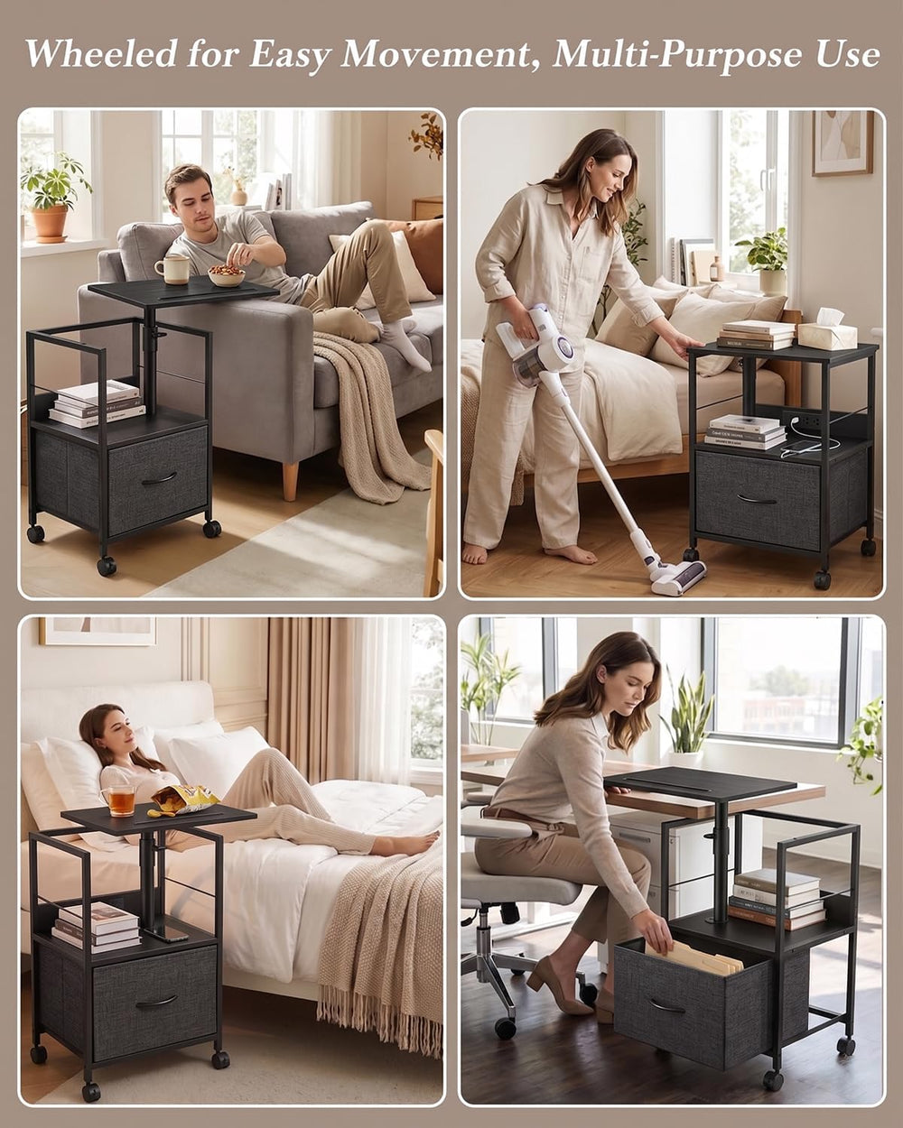 Faesun Night Stand with Charging Station & Swivel Top, Black Gray