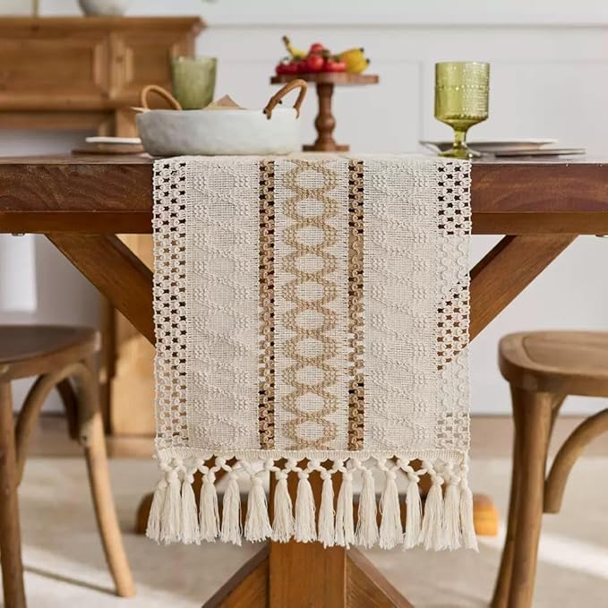 Boho Table Runner for Christmas, Woven Cream & Brown Macrame Dining Table - Image 6