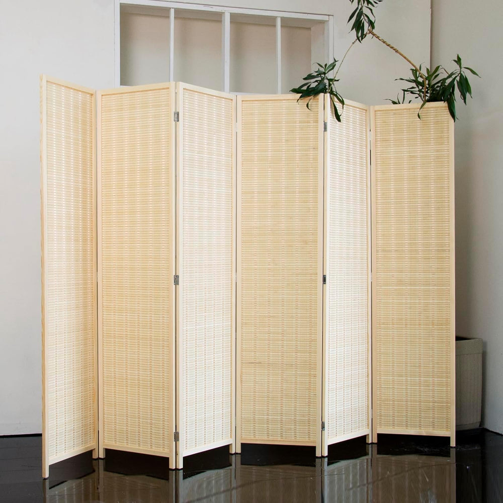 6 Panel Bamboo Room Divider - 5.6 ft Tall Natural Beige Folding Privacy Scree...