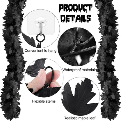 Joyhalo 8 Pack 5.7FT Halloween Garland Black Leaf Garland for Mantle, Artificial Hanging Black Maple Leaves Vines, Spooky Halloween Outdoor Floral, Haunted Mansion, Gothic Halloween Decor