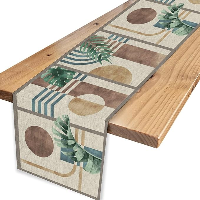 Abstract Mid Century Table Runner, Modern Green Leaves Boho Tropical Plants - Image 4