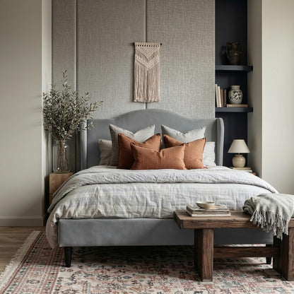 allewie queen size bed frame, plush velvet wingback, close-up detail