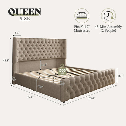 amerlife upholstered bed frame wingback headboard, queen size shown in use