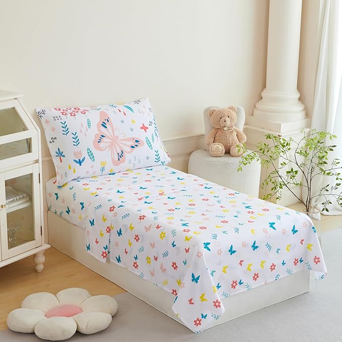 PERFEMET Girls Toddler Bedding Colorful Flower Blossom Comforter Set Butterfly - Image 4