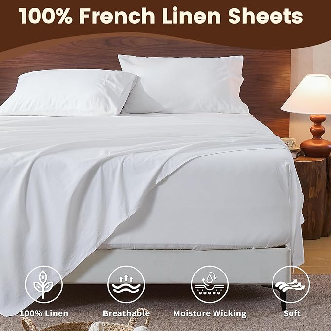 100% Linen Sheet Set King Size Extra Deep Pocket Fits 18-24 Inch Mattress - Image 4