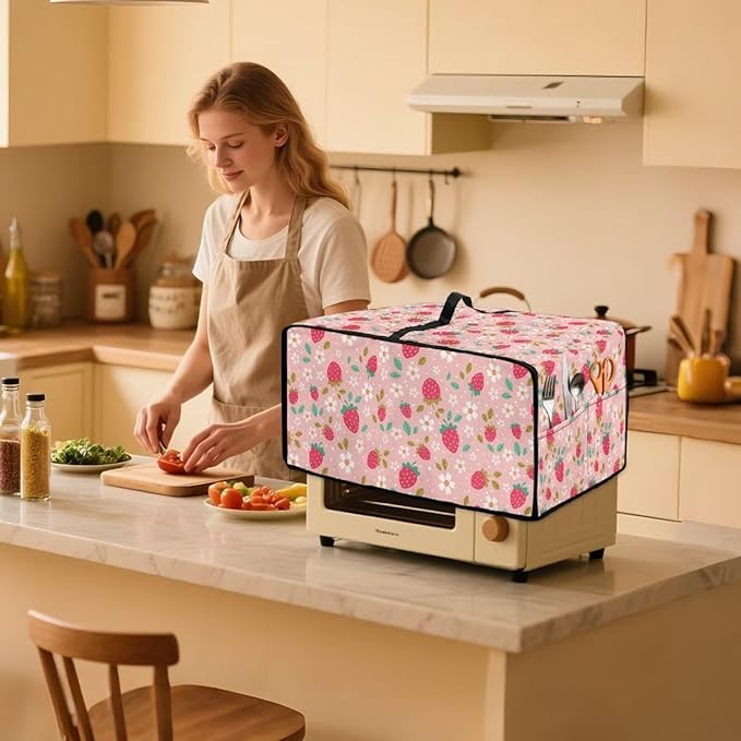 Pink Strawberry Cherry Blossom Print Microwave Oven Dust Cover Toaster Oven - Image 3