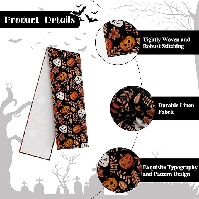 Happy Halloween Table Runner Fall Autumn Yellow Maple Leaves Pumpkin - Image 7