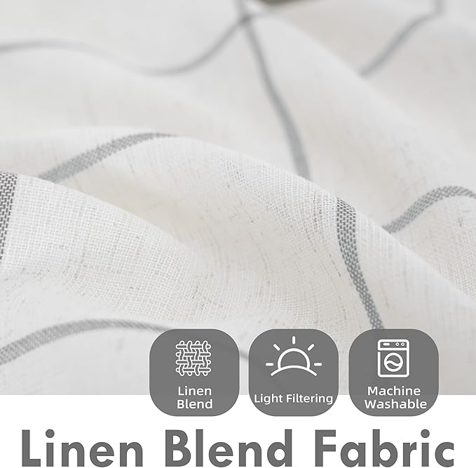 DriftAway Kitchen Curtains Striped Tier Linen Short Curtains Windowpane Plaid - Image 2